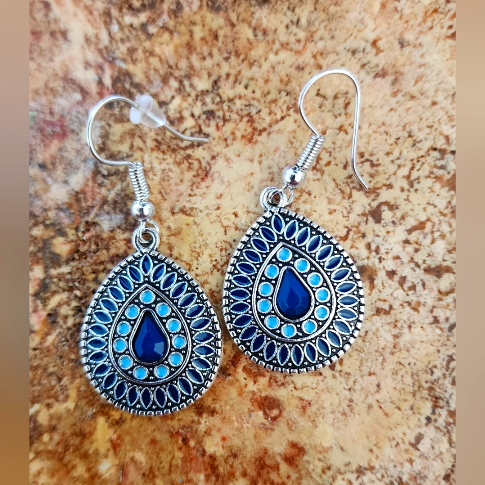 Tear Drop Blue &Silvertone Earrings